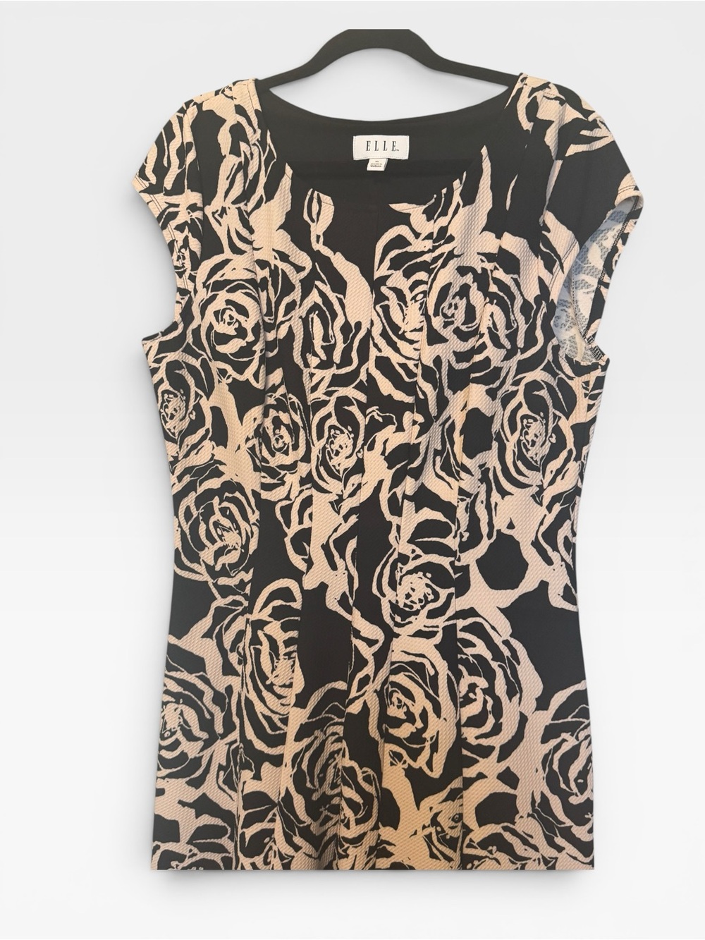 Elle Black and Beige Rose-Print Cap Sleeve Dress